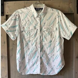 Vintage 80's Silver Bay Short Sleeve Button Down Shirt White Teal Black READ